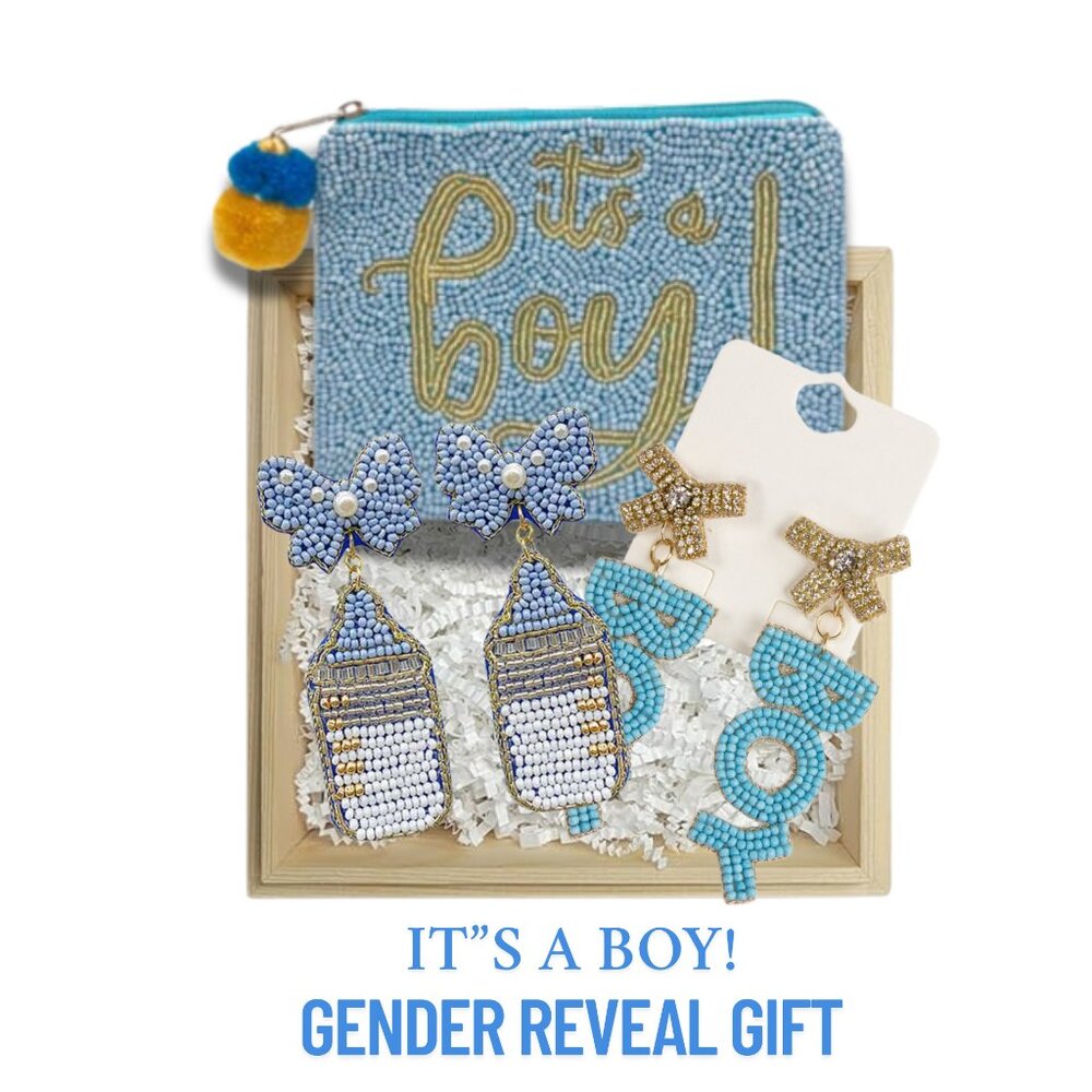 IT'S A BOY Gender Reveal Baby Shower Party Gift Pregnancy Two Earrings & Purse